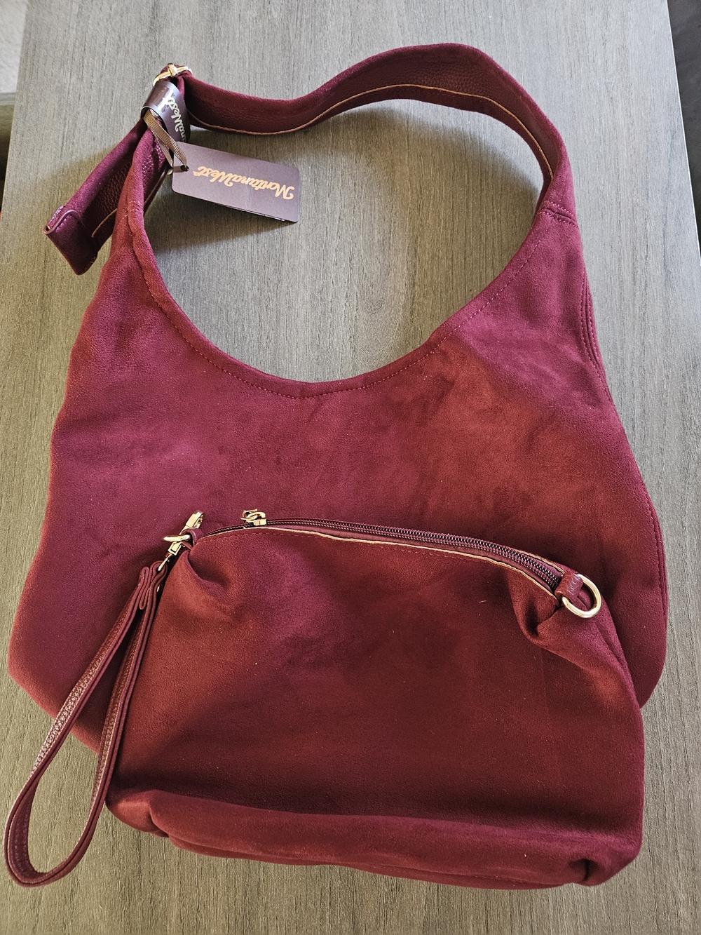 Montana West Burgundy Suede Shoulder Bag With Wristlet-NWT
